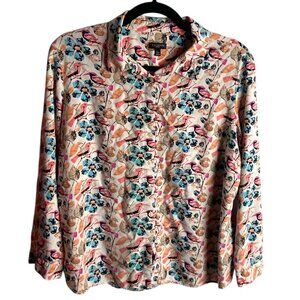 Talbots Xl Petite Button Down Blouse Top Colorful Bird Print Roll Tab Sleeves
